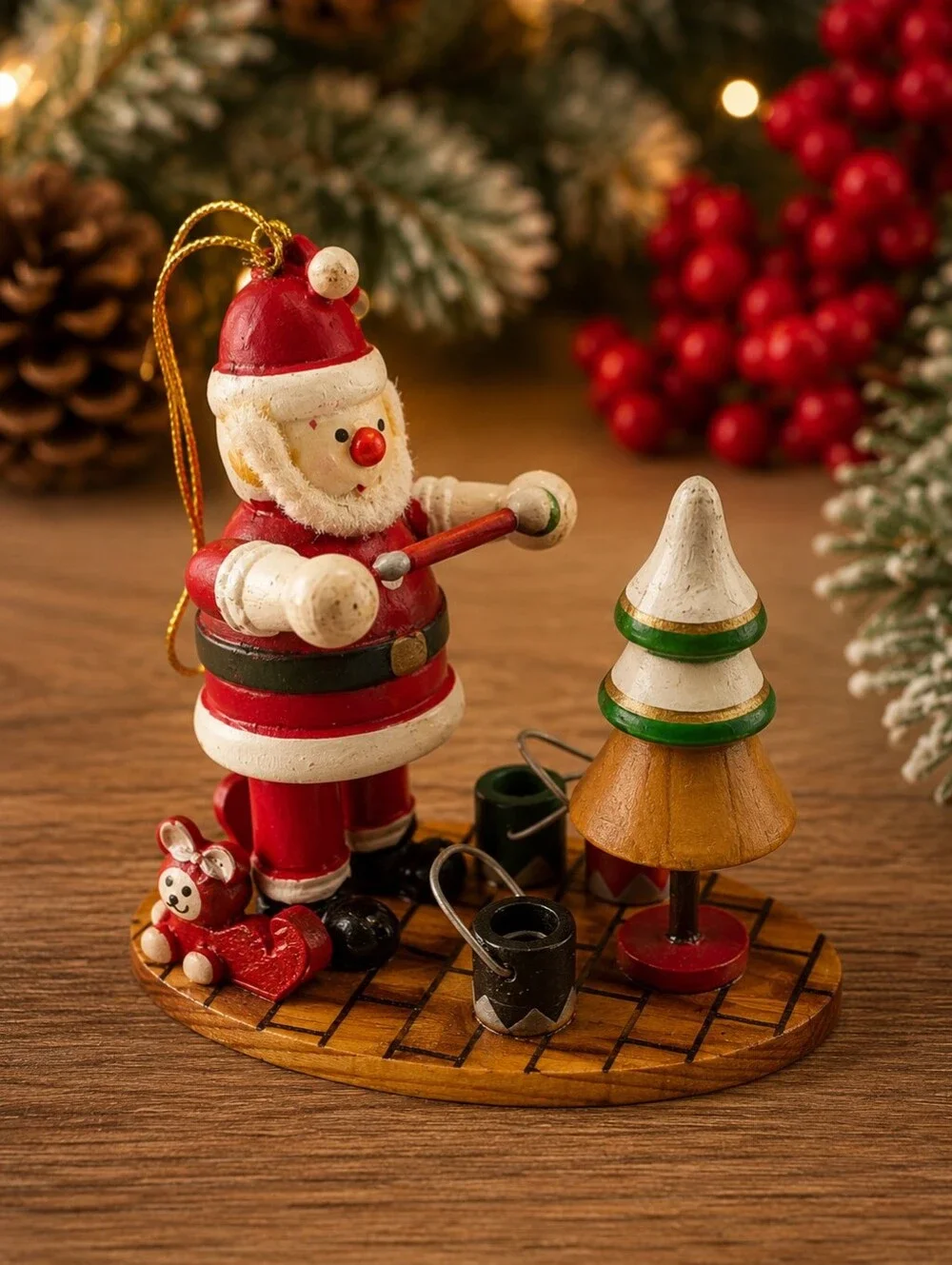 Vintage Style Santa Painting Christmas Tree Wooden Ornament Holiday Decor